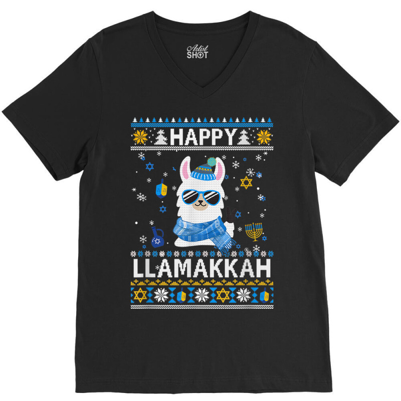 Happy Llamakkah Llama Ugly Hanukkah Ugly Sweater V-neck Tee | Artistshot