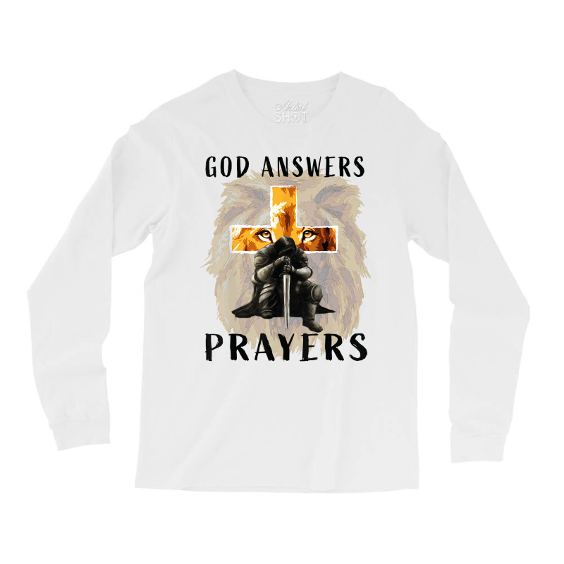 God Answers Prayers Warrior Men Christian Cross Lion Graphic Long Sleeve Shirts | Artistshot