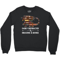 Easily Distracted By Dragon And Books Funny Crewneck Sweatshirt | Artistshot