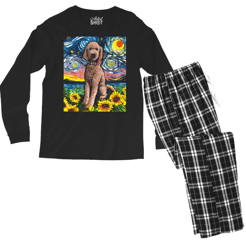 Goldendoodle T  Shirt Brown Goldendoodle Night With Sunflowers T  Shir Men's Long Sleeve Pajama Set | Artistshot