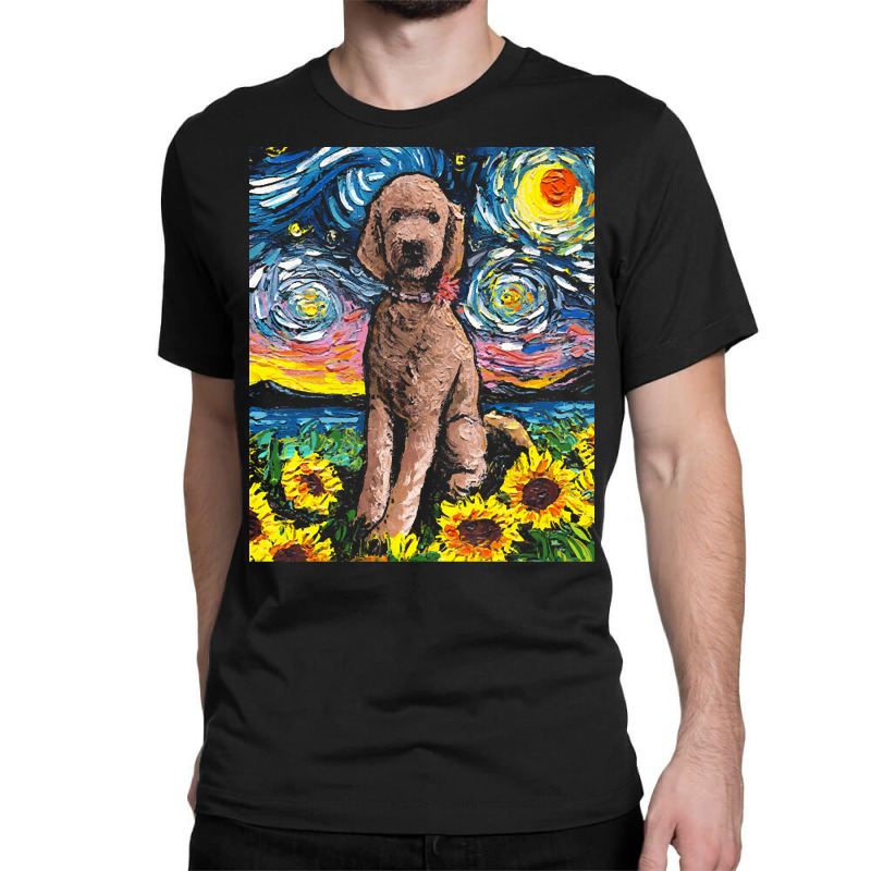 Goldendoodle T  Shirt Brown Goldendoodle Night With Sunflowers T  Shir Classic T-shirt | Artistshot