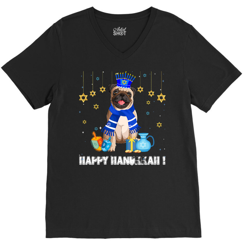 Jewish Pug Dog Menorah Hat Happy Chanukah Hanukkah Jewish V-neck Tee | Artistshot