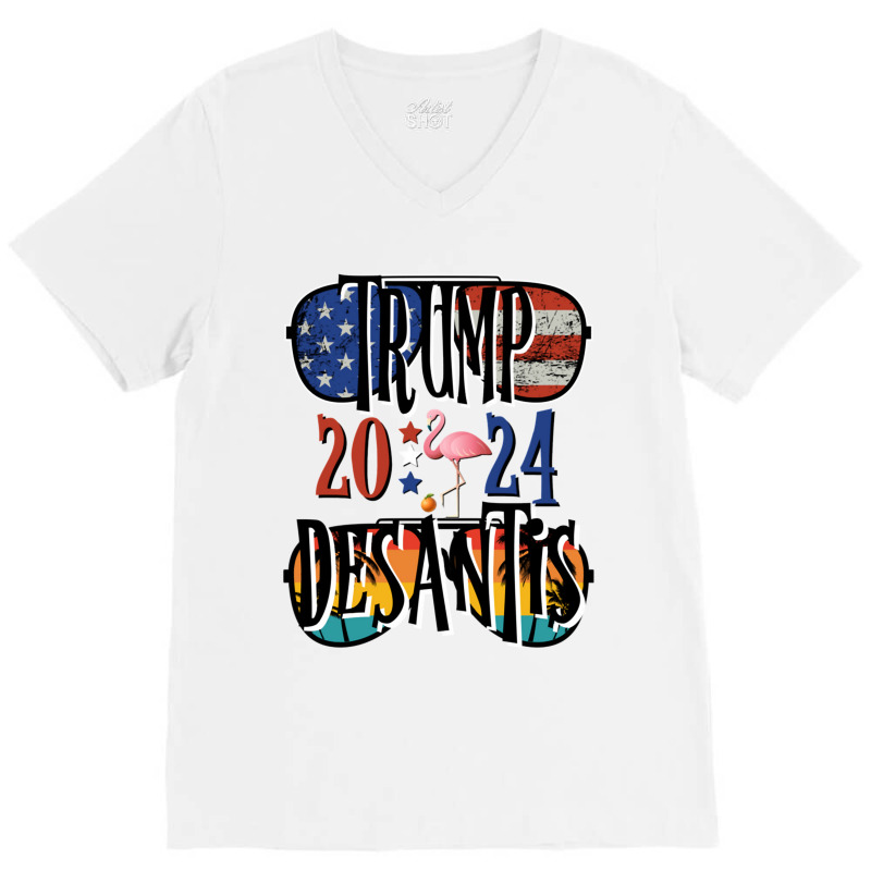 Trump Desantis 2024 Eection Merican Fag Famingo Stars 24 Puover Basic  V-neck Tee | Artistshot