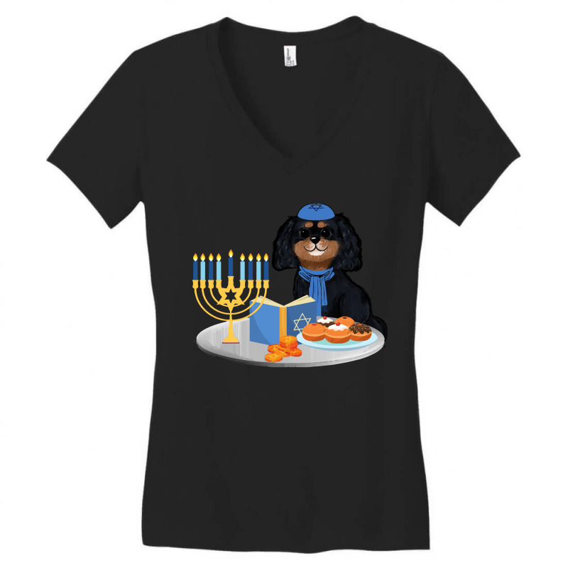 Cavalier King Charles Spaniel Hanukkah Black And Tan Cavalier King Cha Women's V-Neck T-Shirt by starlingbuzzard | Artistshot