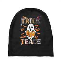 Cute Ghost Book Reading Trick Or Teacher Halloween Costume Baby Beanies | Artistshot