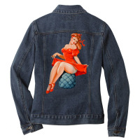 Retro Pin Up Girl Lingerie Red Dress Classic Sexy Pinup Girl Raglan Ba Ladies Denim Jacket | Artistshot