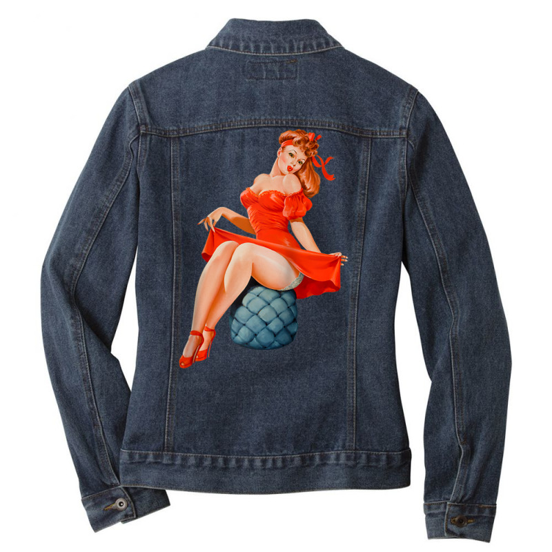 Retro Pin Up Girl Lingerie Red Dress Classic Sexy Pinup Girl Raglan Ba Ladies Denim Jacket by cm-arts | Artistshot