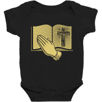 Cross Of Jesus, Open Bible And Praying Hands. Baby Bodysuit | Artistshot