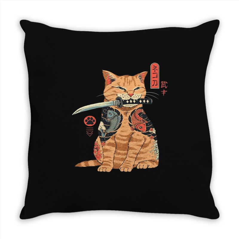 Japanese Samurai Ninja Cat Kawaii Tattoo Graphic Throw Pillow | Artistshot