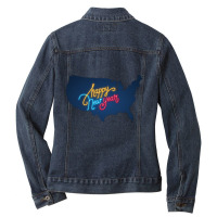 Usa Map, Colorful Text For Happy New Year, Neon Lights, United States Ladies Denim Jacket | Artistshot