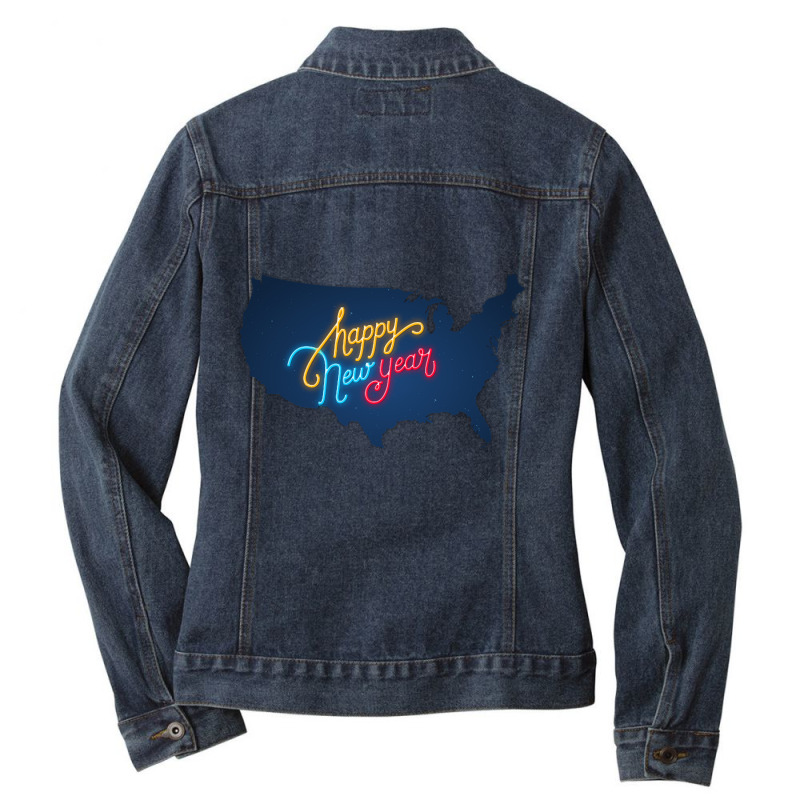 Usa Map, Colorful Text For Happy New Year, Neon Lights, United States Ladies Denim Jacket by degreesgunner | Artistshot