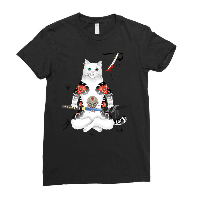 Japanese Samurai Cat Katana Ninja Yakuza Tattoo Ladies Fitted T-Shirt by Min03 | Artistshot