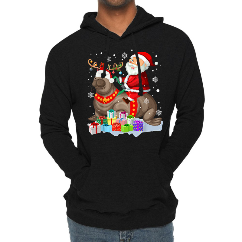 Sea Lion Xmas Matching Funny Santa Riding Sea Lion Christmas T Shirt Lightweight Hoodie by cm-arts | Artistshot