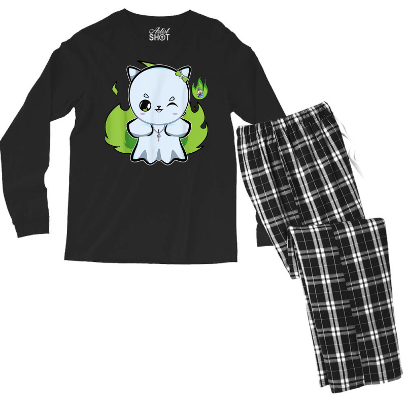 Pastel Goth Cat And Cute Ghost Meow Feline For Halloween T Shirt Men's Long Sleeve Pajama Set | Artistshot