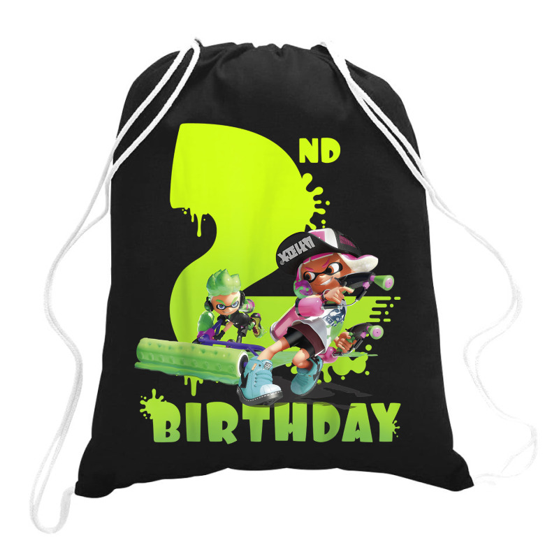 Splatoon Inkling 2nd Birthday Green Splatter Portrait Drawstring Bags | Artistshot