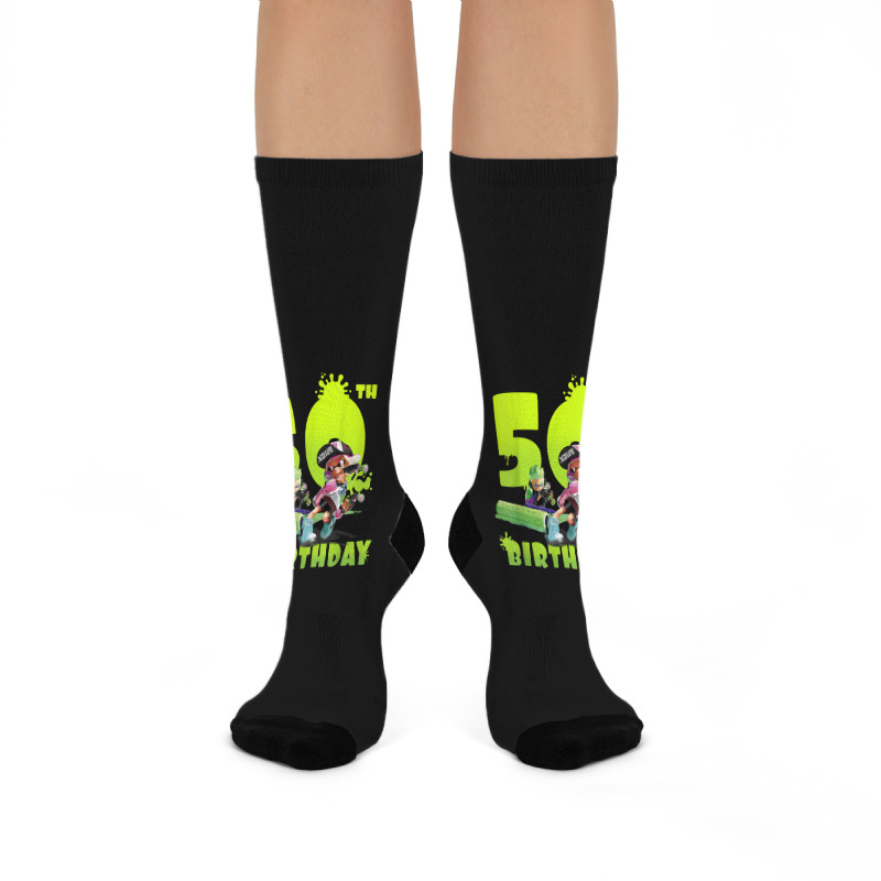 Splatoon Inkling 50th Birthday Green Splatter Portrait Crew Socks | Artistshot