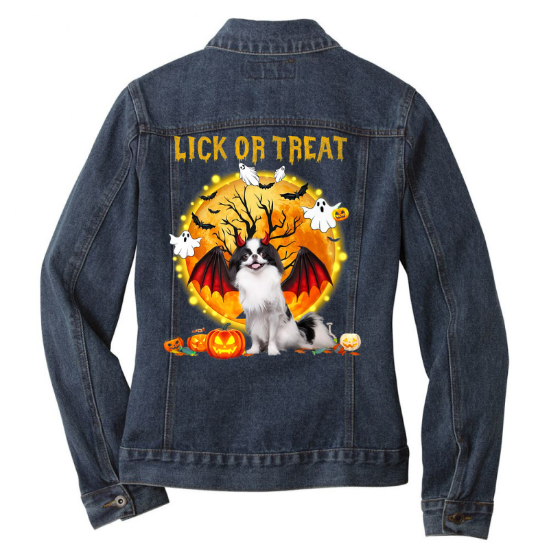 Scary Japanese Chin Dog Witch Hat Halloween Lick Or Treat Premium T Sh Ladies Denim Jacket by cm-arts | Artistshot