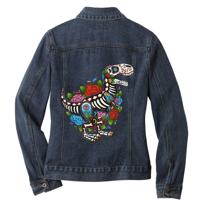 T Rex Dino Sugar Skull Mexico Calavera Dia De Los Muertos Tshirt Ladies Denim Jacket by ShelleyDoppelmayr | Artistshot