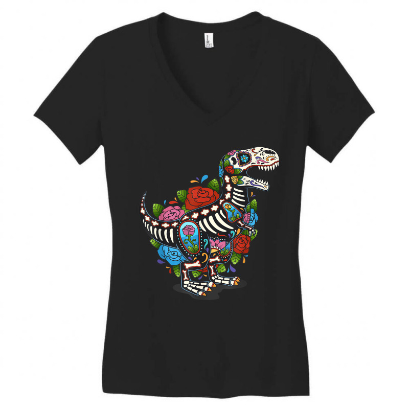 T Rex Dino Sugar Skull Mexico Calavera Dia De Los Muertos Tshirt Women's V-Neck T-Shirt by ShelleyDoppelmayr | Artistshot