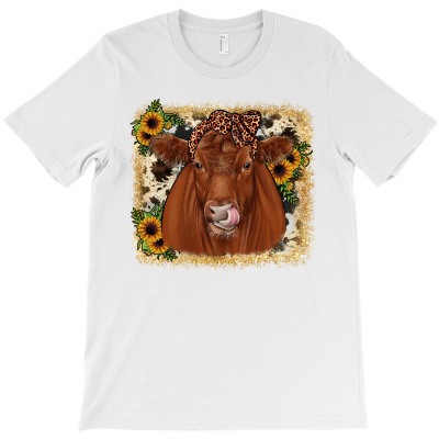 Red Angus Cowhide Sunflower T-shirt Designed By Angel Clark