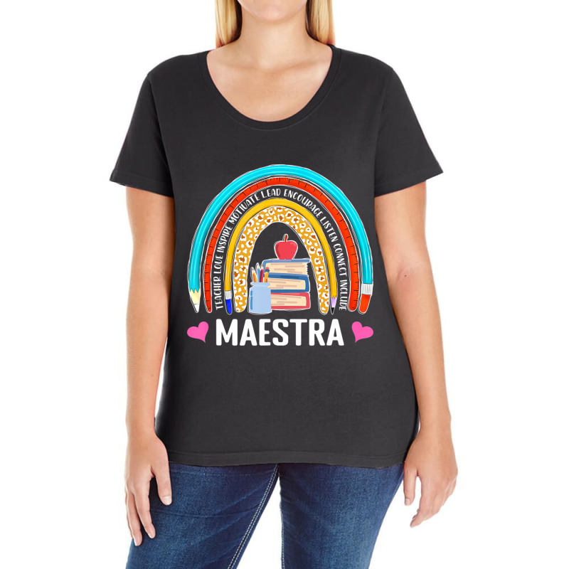 Maestra Boho Rainbow Leopard Spanish Bilingual Teacher Ladies Curvy T-Shirt by cm-arts | Artistshot