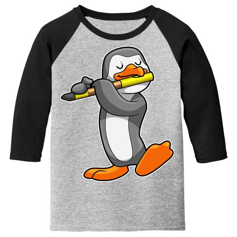 Penguin At Music With Flute Youth 3/4 Sleeve by macklinsampson | Artistshot