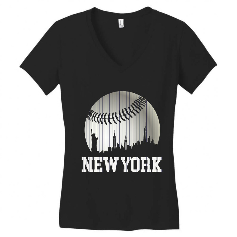 New York Ny Skyline Baseball Stripes For Gameday Retro Style Women's V-Neck T-Shirt by Kanmosrin52 | Artistshot