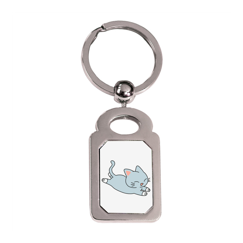 Happy Blue Cat Silver Rectangle Keychain | Artistshot