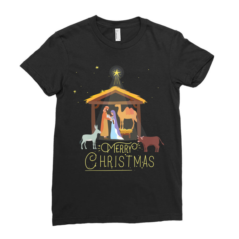 Merry Christmas Nativity Scene North Star Baby Jesus Ladies Fitted T-Shirt by cm-arts | Artistshot