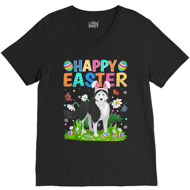 Happy Easter Funny Siberian Husky Dog Easter Sunday V-Neck Tee by kevinnichols | Artistshot