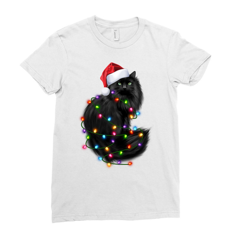 Santa Black Cat Tangled Up In Christmas Tree Lights Holiday Long Sleev Ladies Fitted T-Shirt by cm-arts | Artistshot