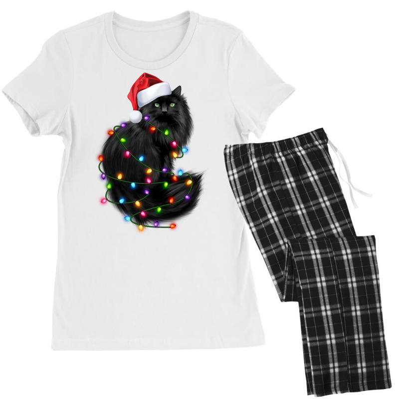 Santa Black Cat Tangled Up In Christmas Tree Lights Holiday Long Sleev Women's Pajamas Set by cm-arts | Artistshot