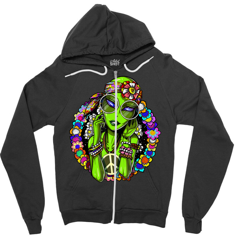 Space Alien Hippie Floral Peace Science Fiction Zipper Hoodie by phamkhao | Artistshot