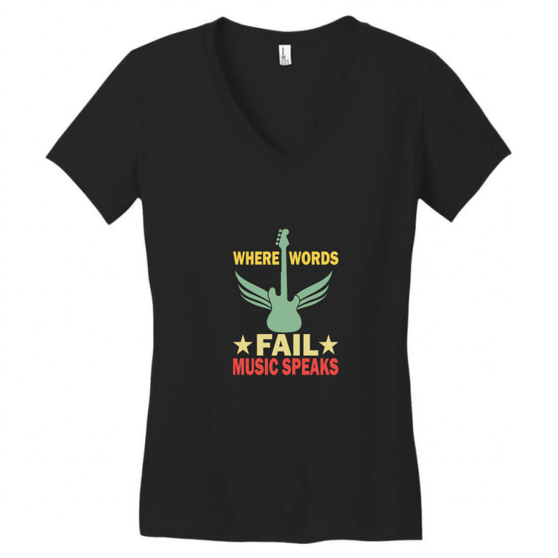 Where Words Fail Music Speaks Funny Vintage Guitar Musician Guitarist  Women's V-Neck T-Shirt by KristieDavis | Artistshot