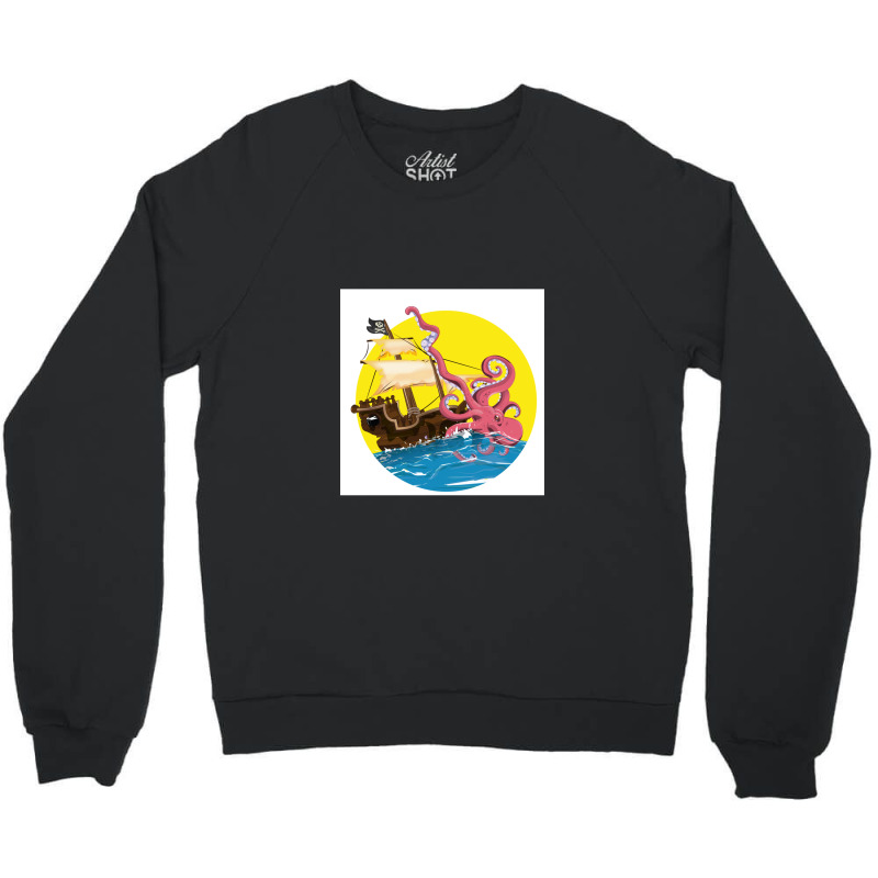 Cartoon Pirate Ship Giant Squid Attack! Crewneck Sweatshirt by saterseim | Artistshot