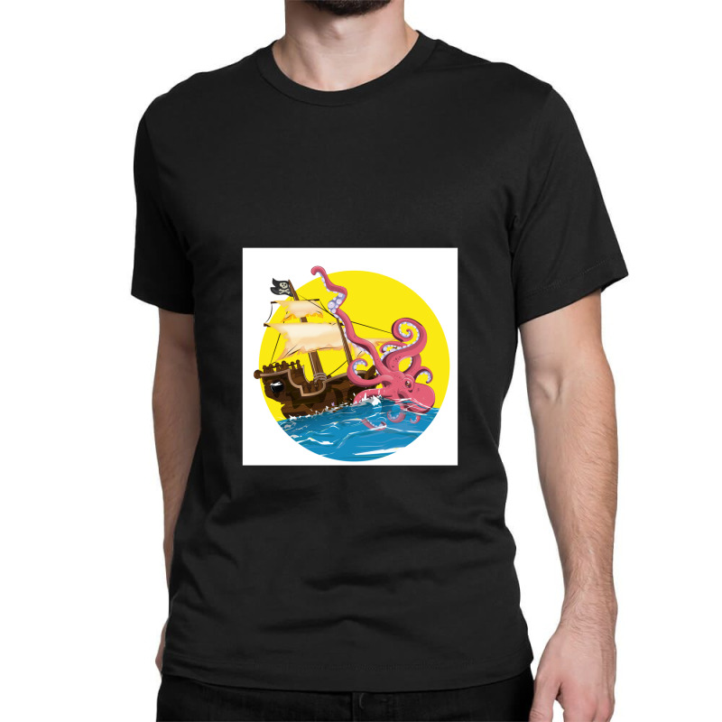 Cartoon Pirate Ship Giant Squid Attack! Classic T-shirt by saterseim | Artistshot