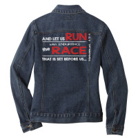 Hebrews 121 Run With Endurance The Race Religious Inspired Ladies Denim Jacket | Artistshot