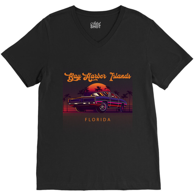 Bay Harbor Islands Florida Retro Vintage 80s 90s Muscle Cars Retrowave V-Neck Tee by pancakespienova | Artistshot