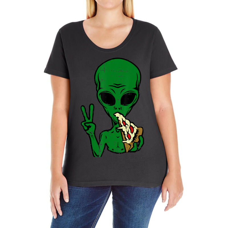 Alien Pizza Eating Peace Space Area-51 Halloween Ladies Curvy T-Shirt by Min03 | Artistshot