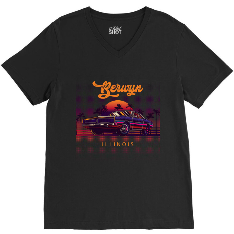 Berwyn Illinois Retro Vintage 80s 90s Muscle Cars Retrowave Aesthetic V-Neck Tee by pancakespienova | Artistshot