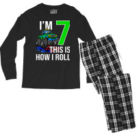 Kids Monster Truck 7th Birthday 7 Year Old Birthday Party Men's Long Sleeve Pajama Set | Artistshot