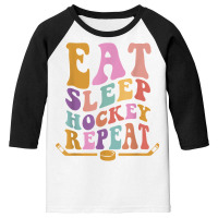 Eat Sleep Hockey Repeat Wavy Stacked Funny Ice Hockey T Shirt Youth 3/4 Sleeve | Artistshot