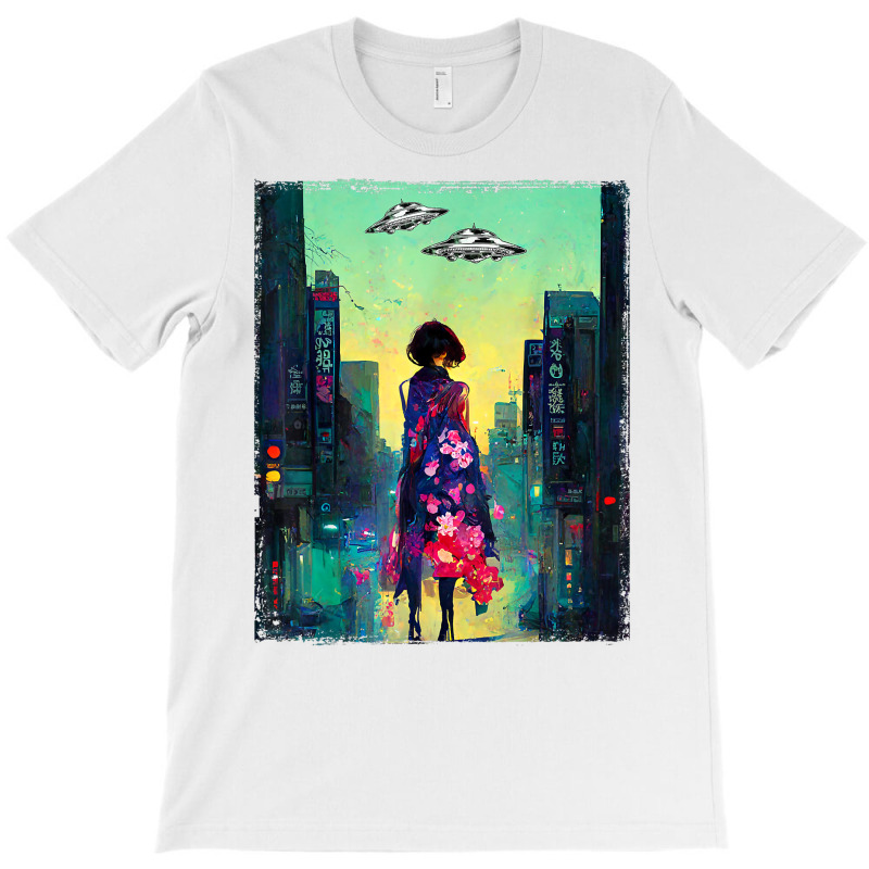 Japanese Girl Walks Cyberpunk City Ufo Futuristic Costume T Shirt T-Shirt by cm-arts | Artistshot