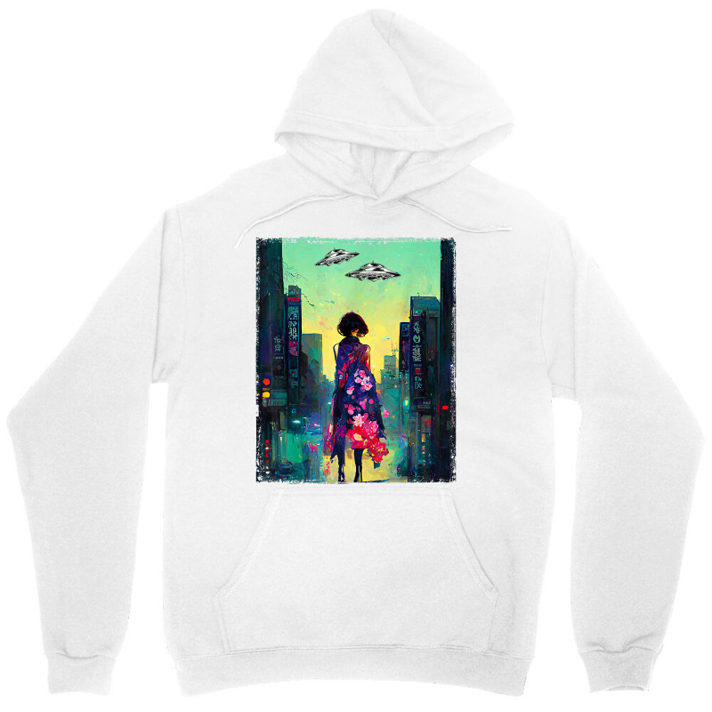 Japanese Girl Walks Cyberpunk City Ufo Futuristic Costume T Shirt Unisex Hoodie by cm-arts | Artistshot