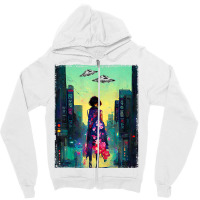 Japanese Girl Walks Cyberpunk City Ufo Futuristic Costume T Shirt Zipper Hoodie | Artistshot