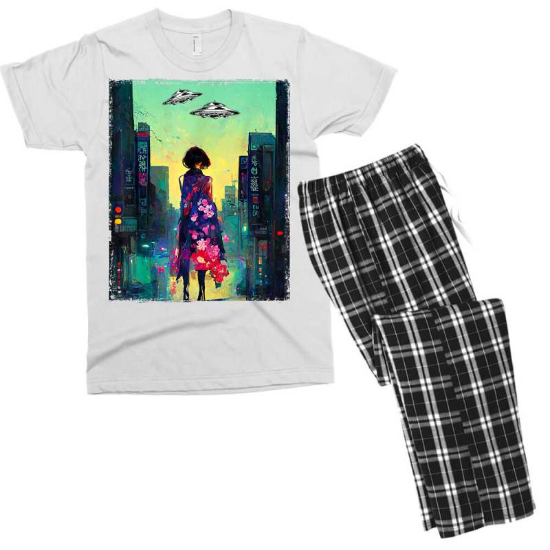 Japanese Girl Walks Cyberpunk City Ufo Futuristic Costume T Shirt Men's T-shirt Pajama Set by cm-arts | Artistshot