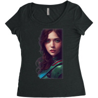 Woman Wavy Brown Hair Green Eyes Sci Fi Futuristic Armor Women's Triblend Scoop T-shirt | Artistshot