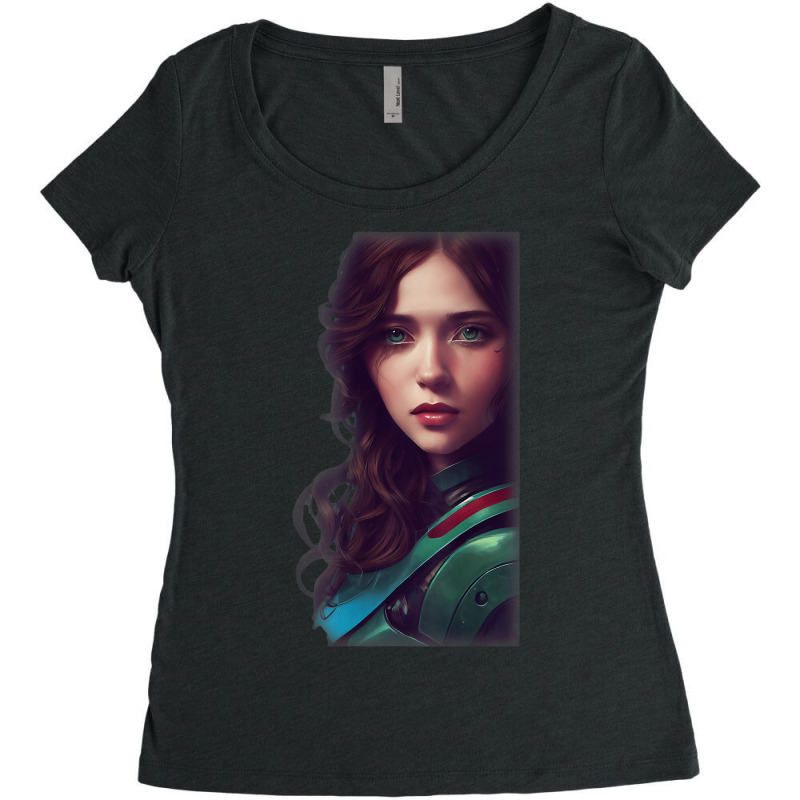 Woman Wavy Brown Hair Green Eyes Sci Fi Futuristic Armor Women's Triblend Scoop T-shirt by Sombre | Artistshot