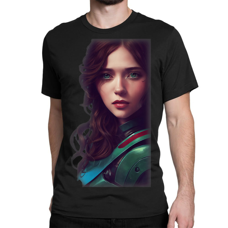 Woman Wavy Brown Hair Green Eyes Sci Fi Futuristic Armor Classic T-shirt by Sombre | Artistshot