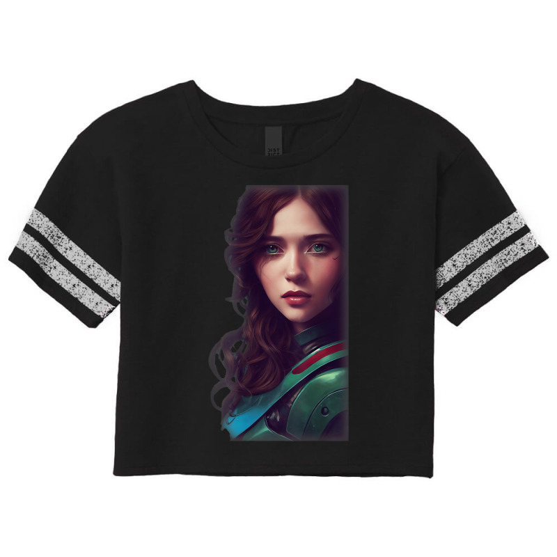 Woman Wavy Brown Hair Green Eyes Sci Fi Futuristic Armor Scorecard Crop Tee by Sombre | Artistshot